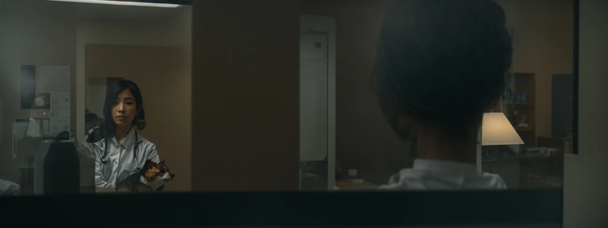 a veterinarian is visible through the glass door of a local clinic, interacting with a pet while a nearby laptop shows a search engine on the screen.