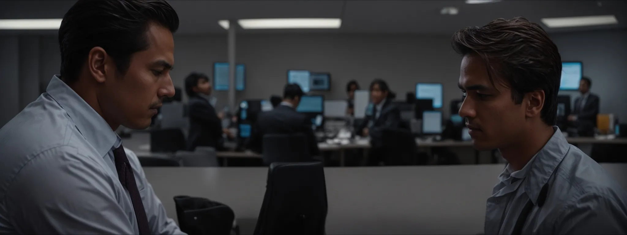 a lawyer consulting with a frustrated client, with a computer screen displaying a website in the background.