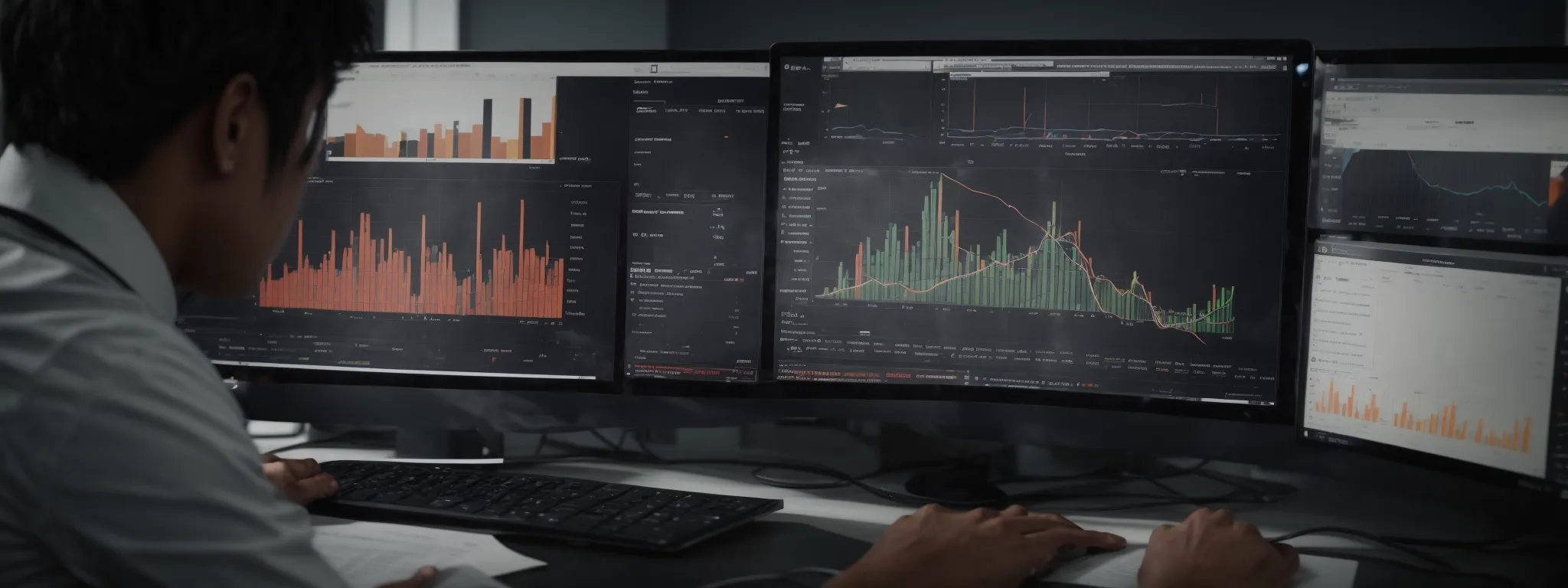 a person analyzing graphs and charts on a computer screen showing website traffic and activities.