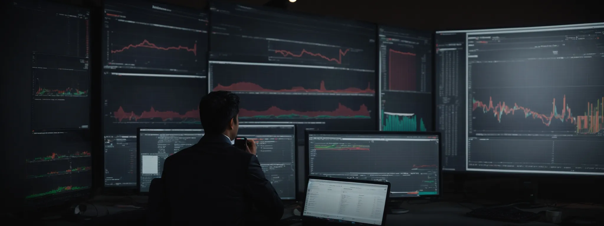 A person in a suit monitors multiple computer screens displaying financial charts and data in a dimly lit office.