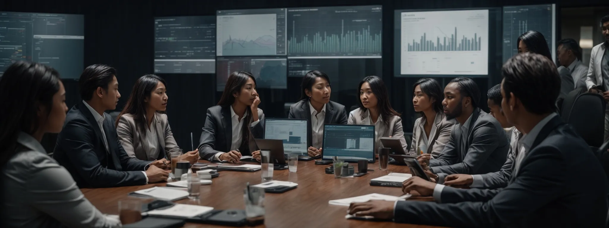 a diverse group of professionals around a large table, actively engaged in a strategy meeting with multiple screens displaying analytics data.