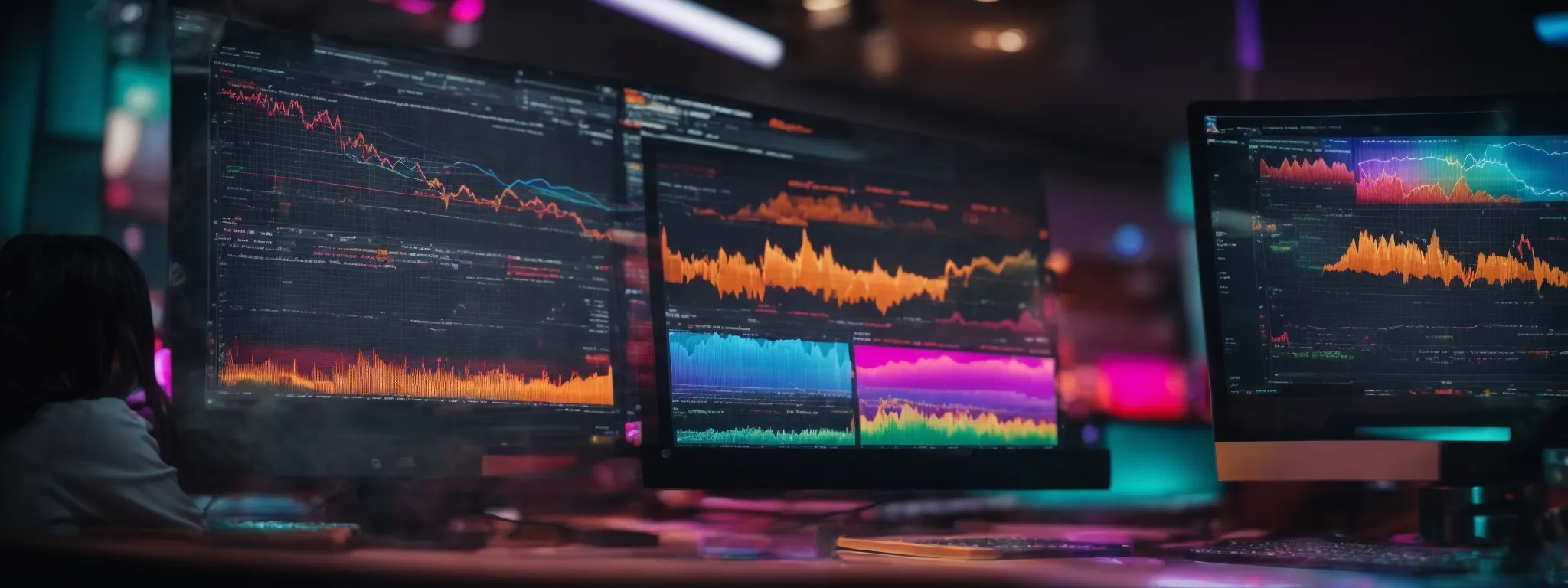 a close-up of a computer screen displaying a colorful, customized landing page amidst marketing analytics charts.