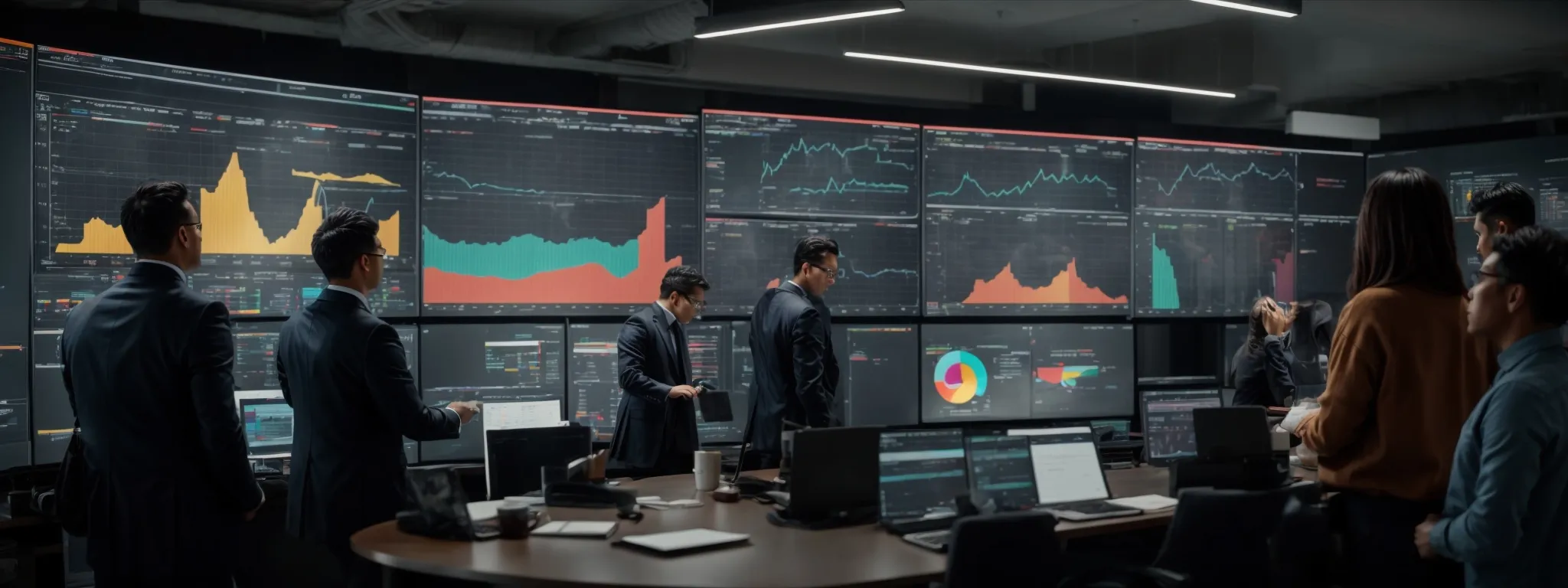 Several people in business attire analyze data and stock charts displayed on large monitors in a modern control room filled with computers and laptops.