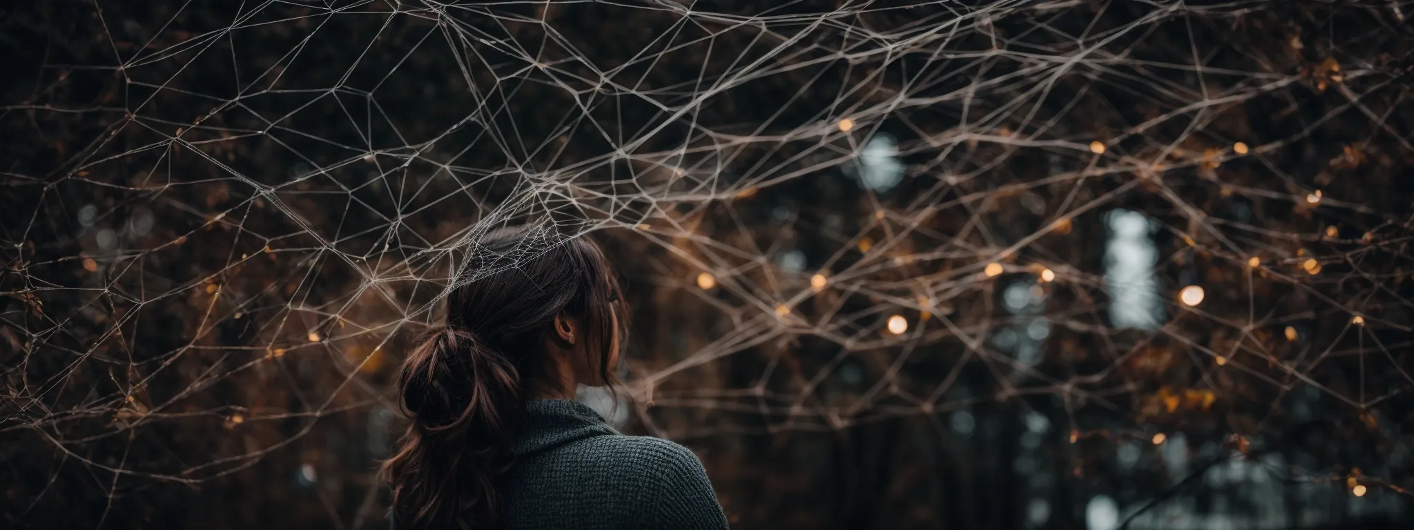 a person browsing through an intricate web-like network representing the structure of a website and its interconnected pages.