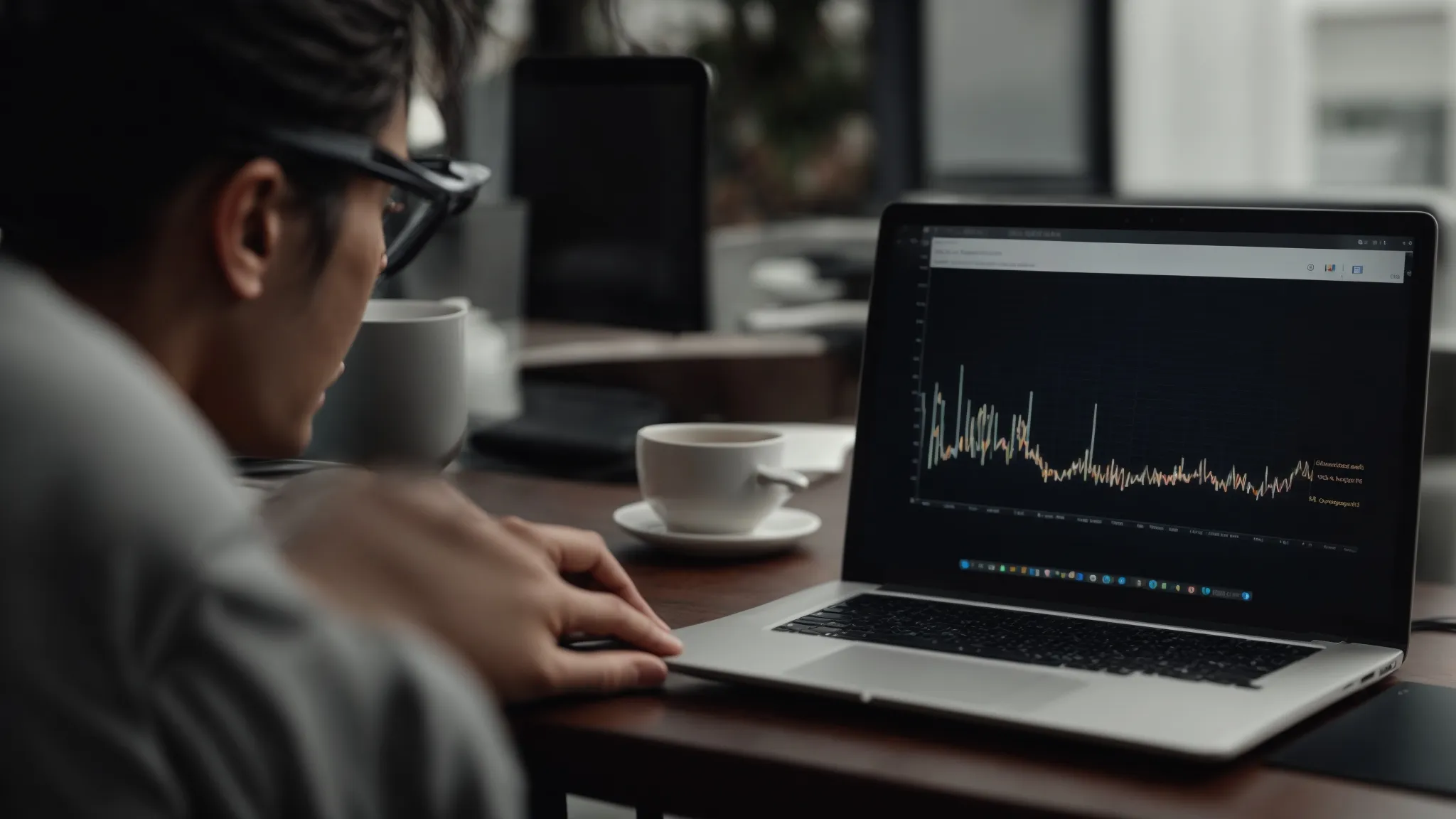 a person looking skeptically at a laptop screen showing a graph with inconsistent peaks and troughs.