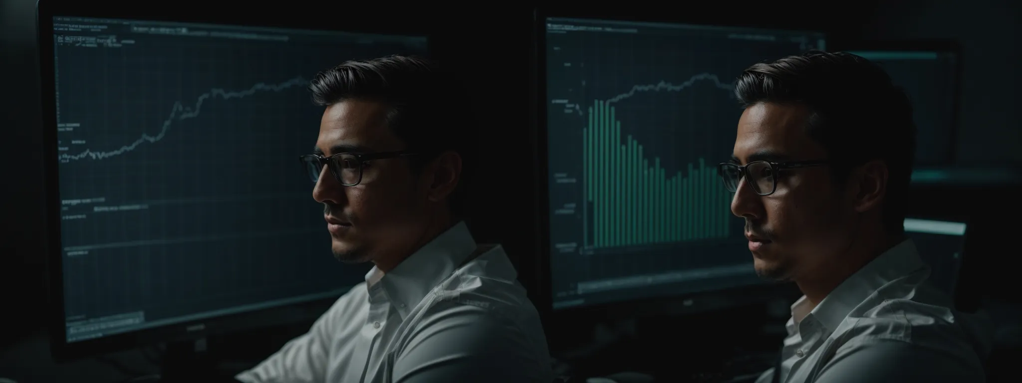 a focused marketer analyzes data on a computer screen, strategizing for seo success.