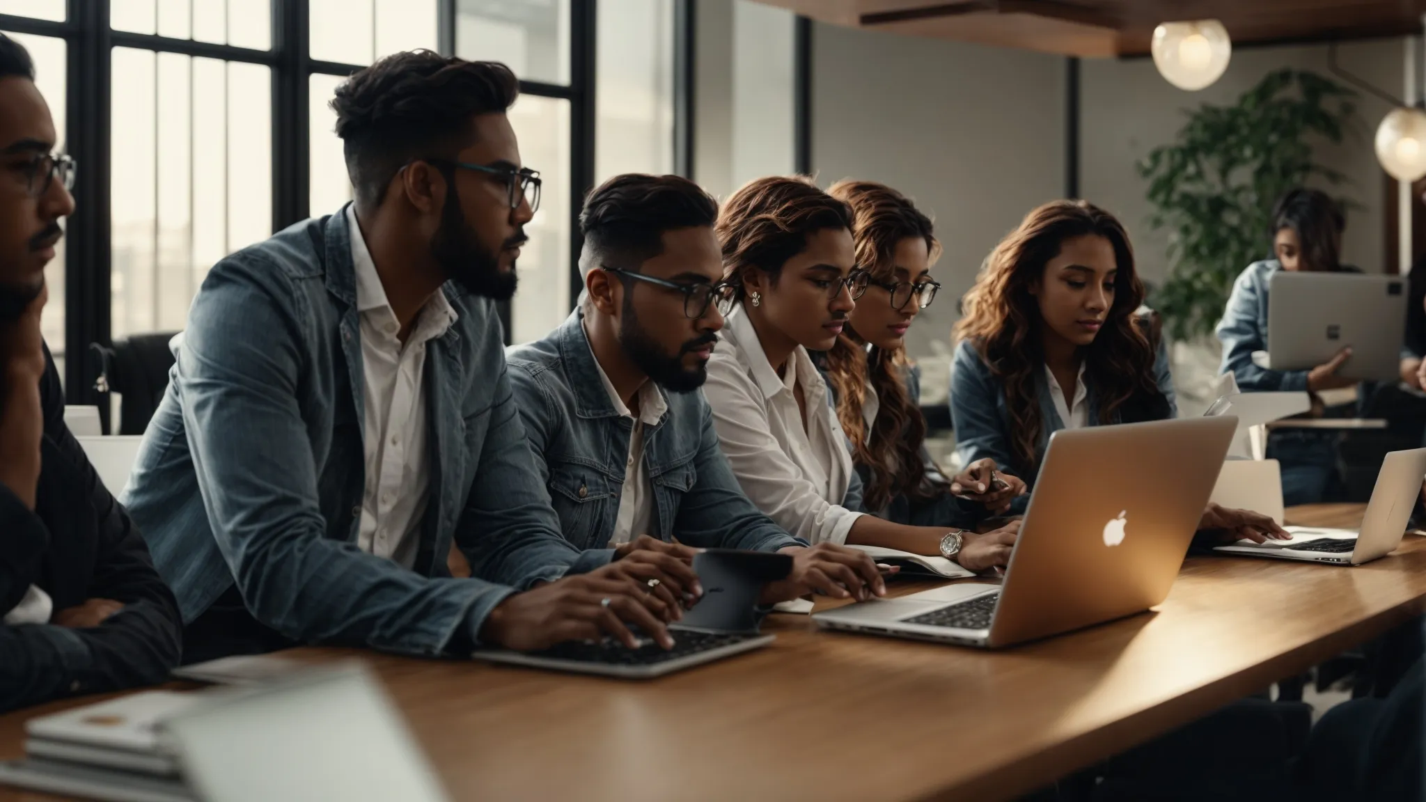 a dynamic team gathers around a conference table with multiple laptops, deeply engaged in a strategy session for launching a digital marketing agency.