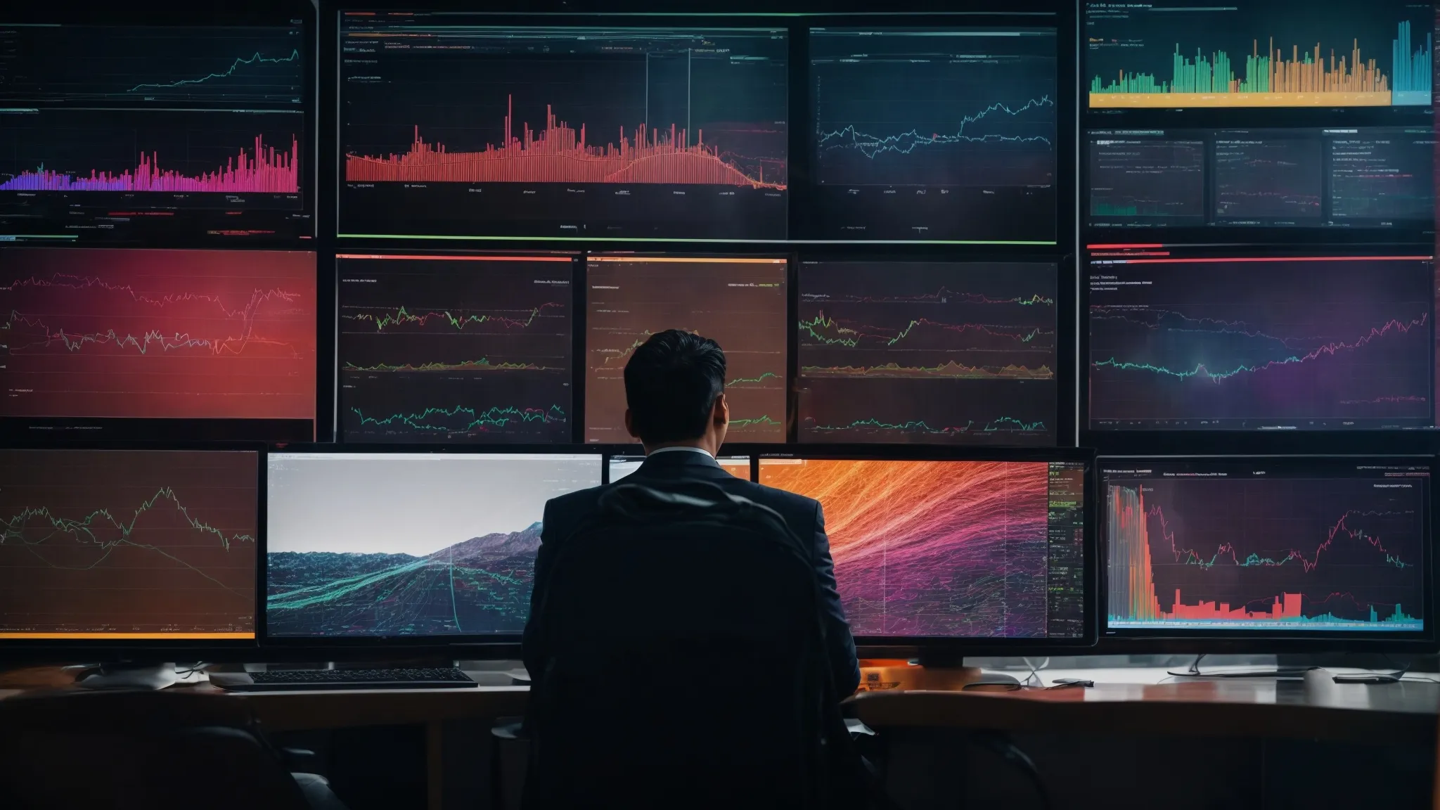a businessperson analyzes data on a computer dashboard, displaying colorful charts and local traffic maps.