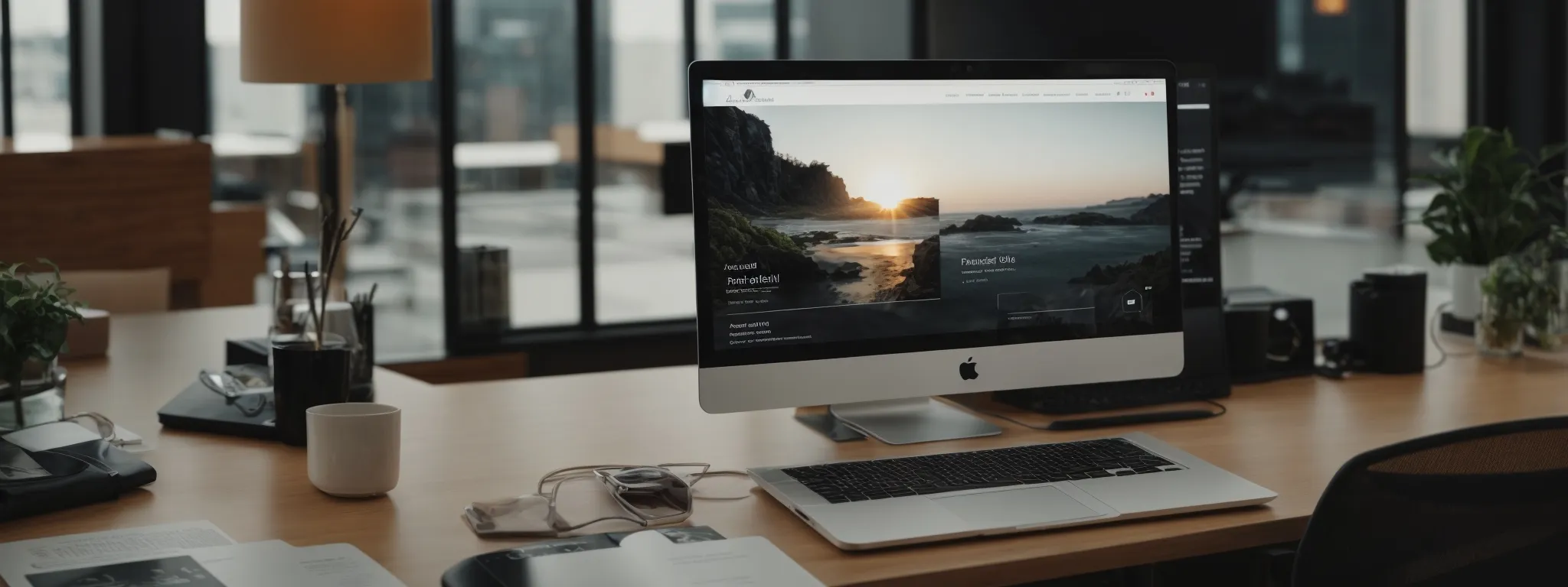 a computer screen displaying an elegantly designed website with intuitive navigation and subtle color gradients, viewed on a desk in a modern office setting.