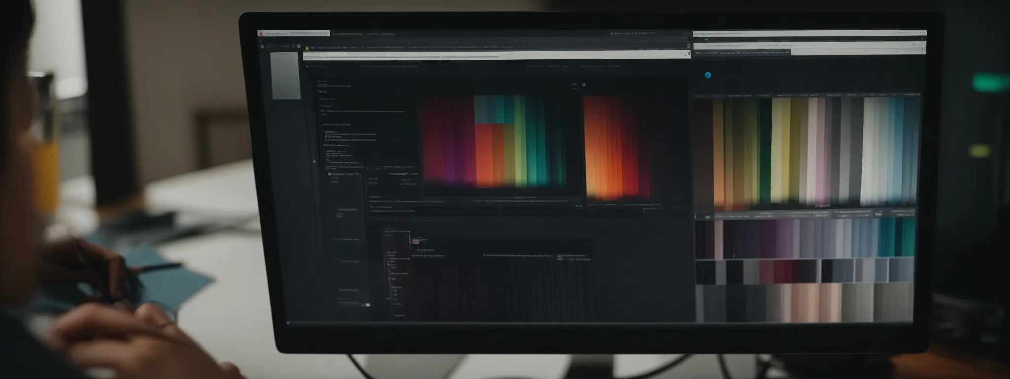 a web developer annotates a color swatch panel on a computer screen, optimizing the website's internal links for varied product hues.
