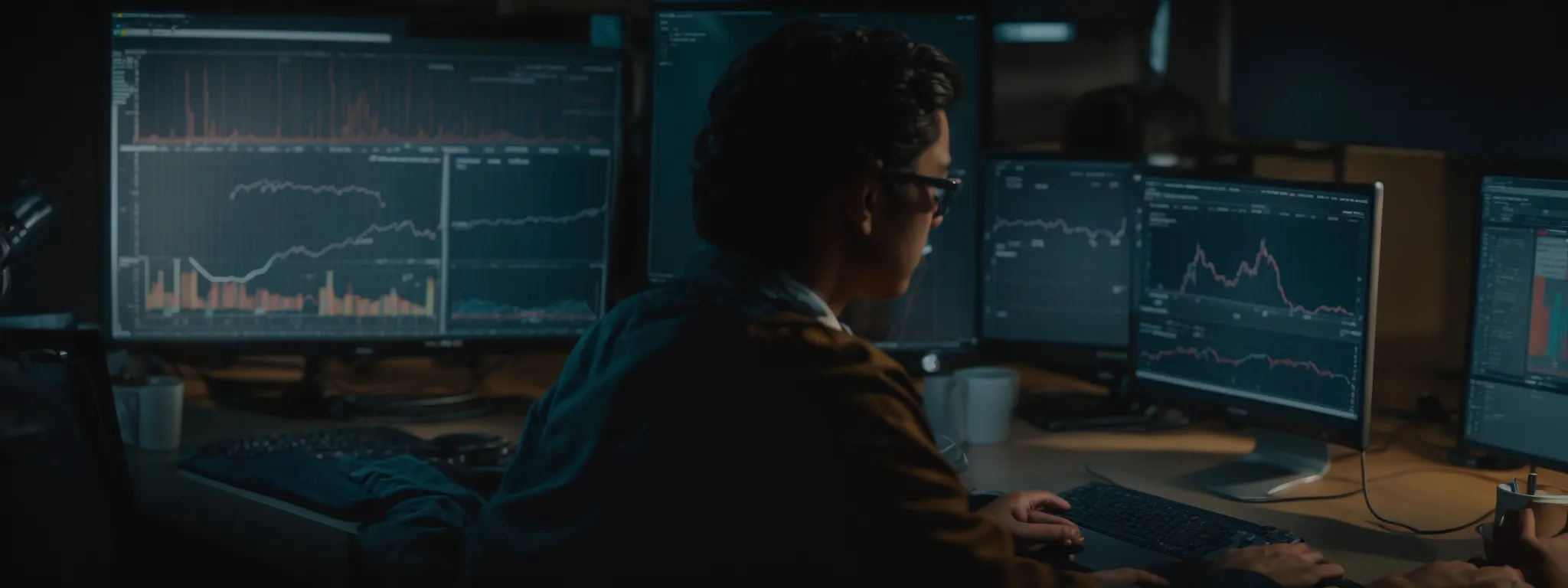 a person sits at a computer with graphs and analytics visible on the screen, preparing a website for launch.