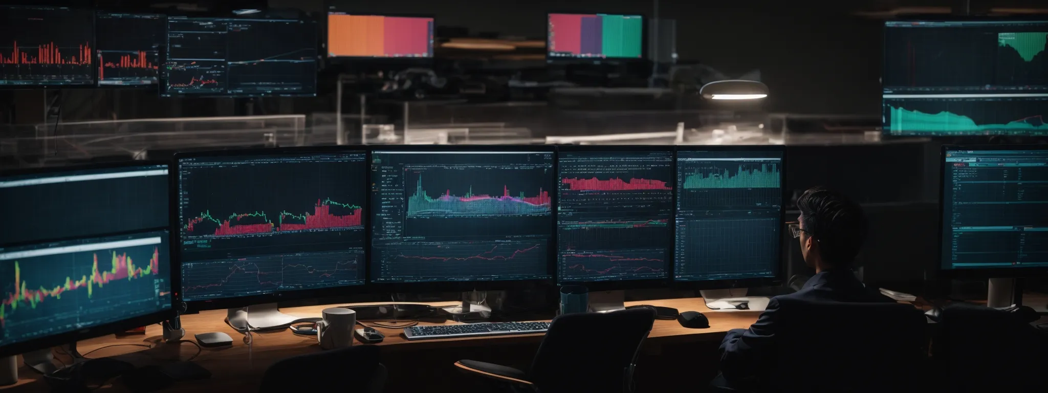 a person sitting at a desk with multiple computer screens displaying colorful graphs and website dashboards.