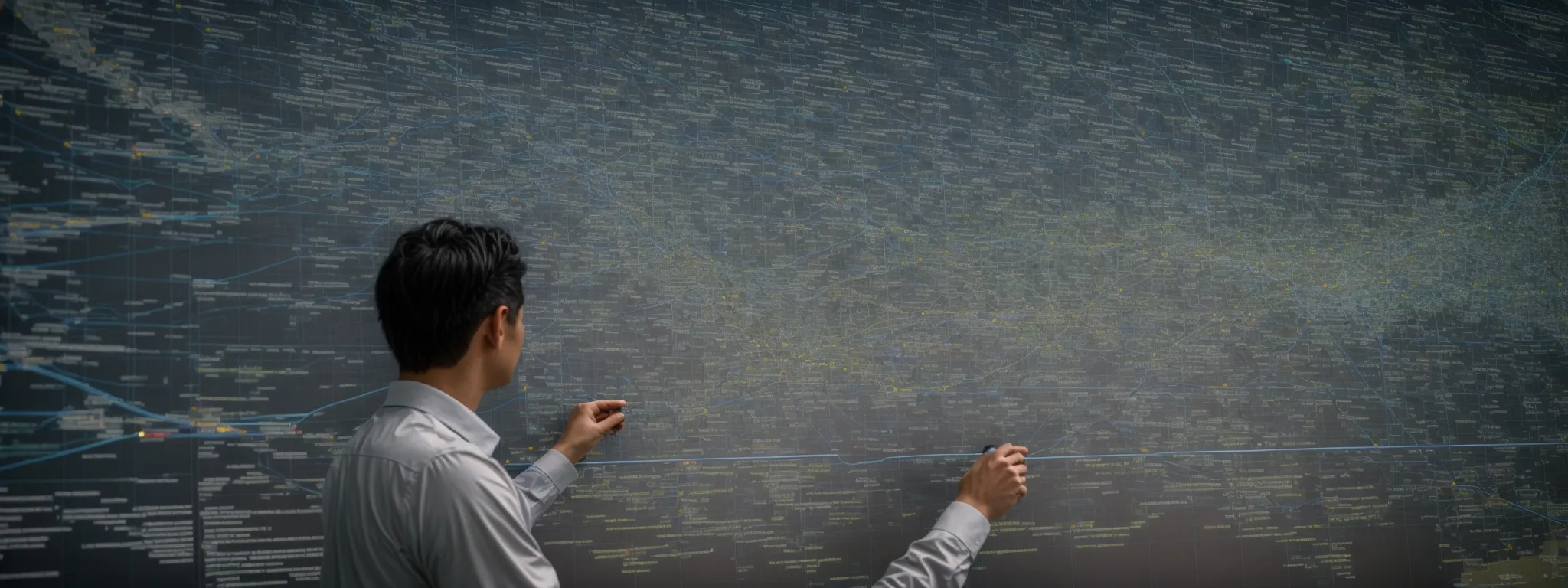 a webmaster reviews an intricate sitemap sprawled across a large screen, orchestrating a network of hyperlinks within a website.