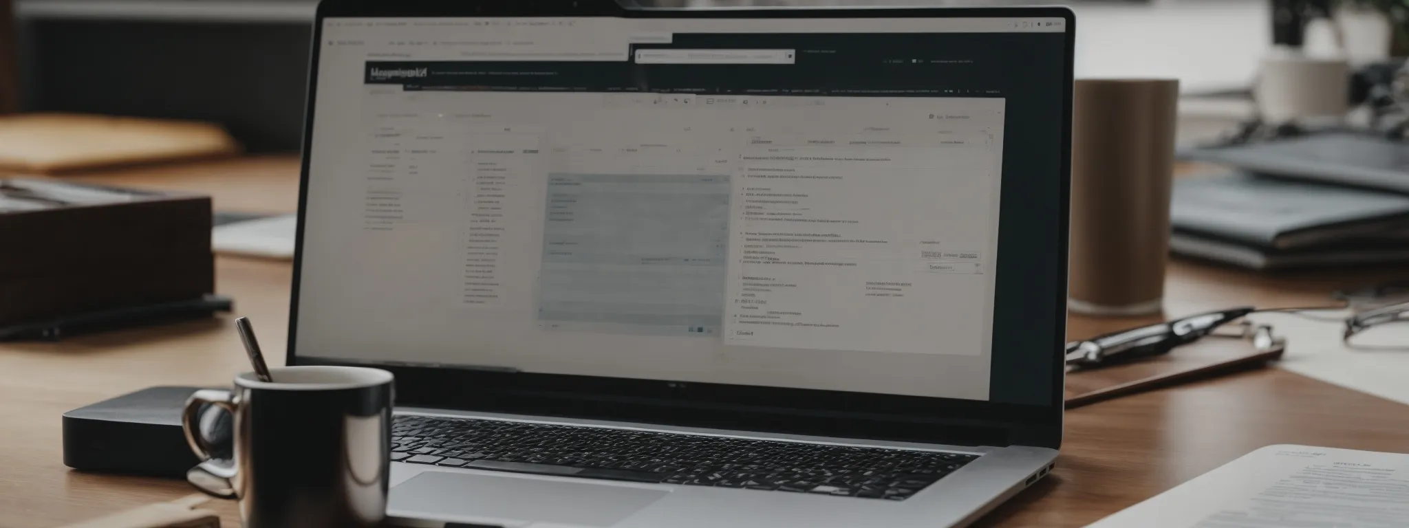 a laptop rests on a work desk with an open spreadsheet listing various plumbing services and corresponding search terms, symbolizing the strategic keyword research process.
