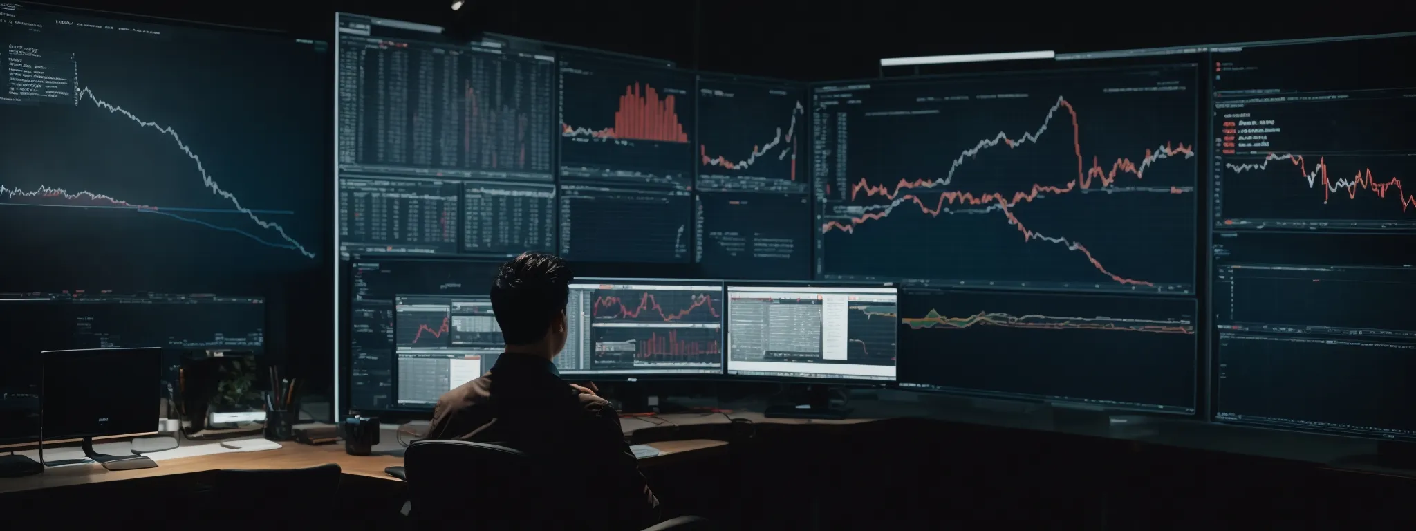 a marketer gazes at a sleek computer screen displaying graphs and analytics for a website's seo performance.