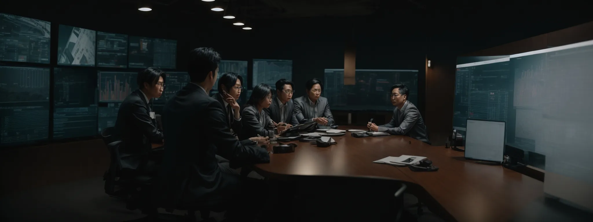 a group of professionals gathered around a table, analyzing graphs on large screens and discussing strategies.
