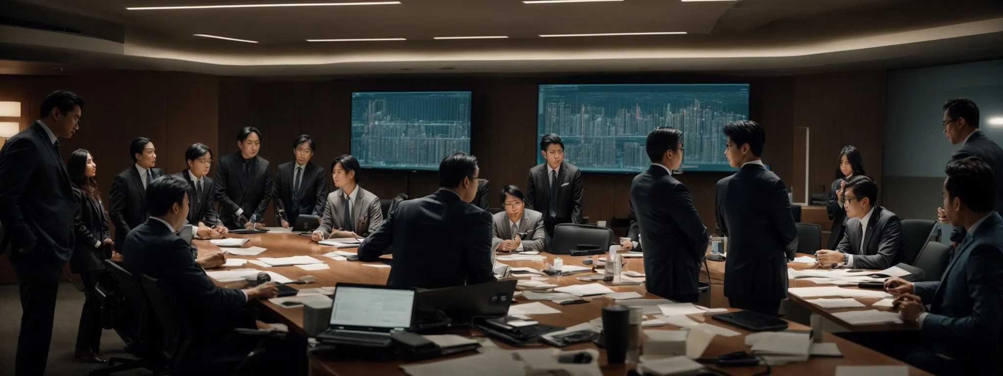 a team of professionals congregates around a conference table analyzing documents and digital data projections.