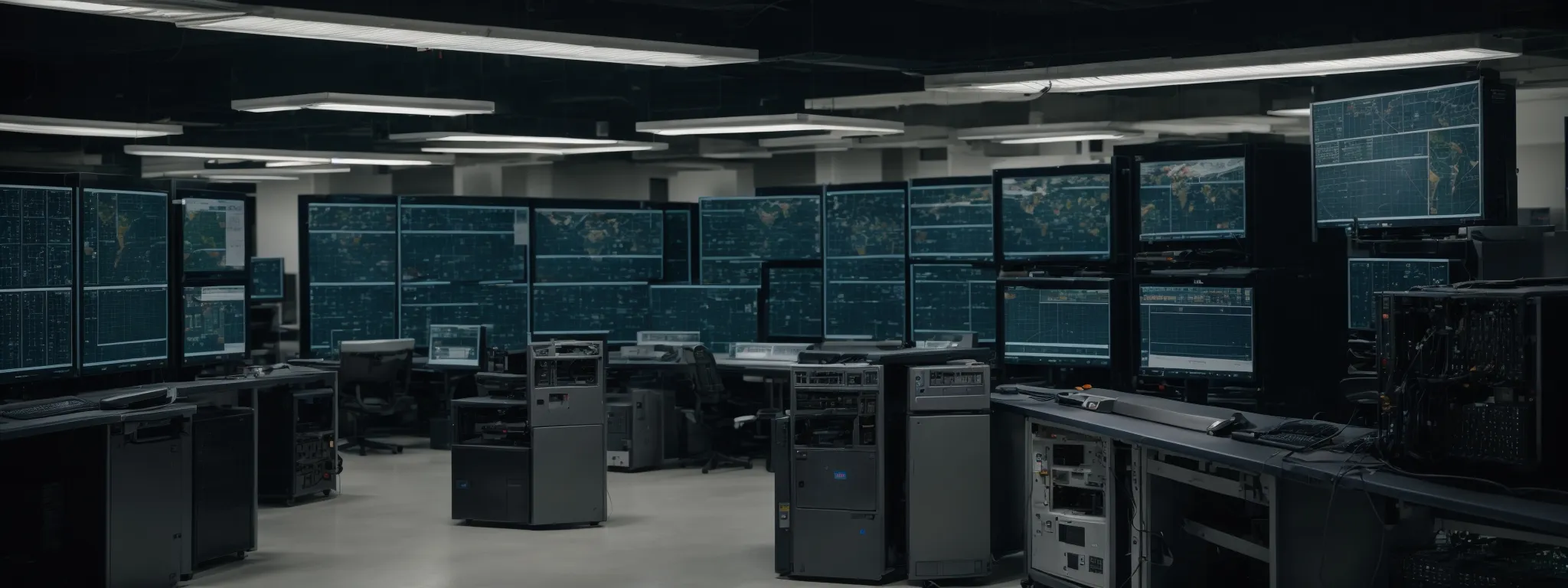 a server room with rows of computers displaying different world maps and language symbols.