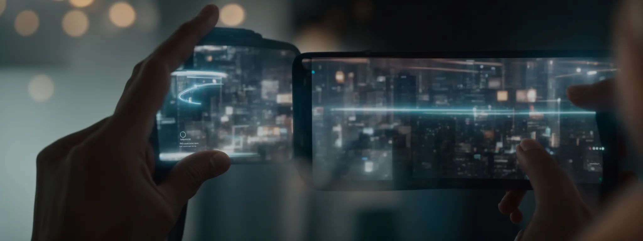 Two hands hold smartphones, displaying an augmented reality interface over a blurred cityscape with digital lines and holographic elements.