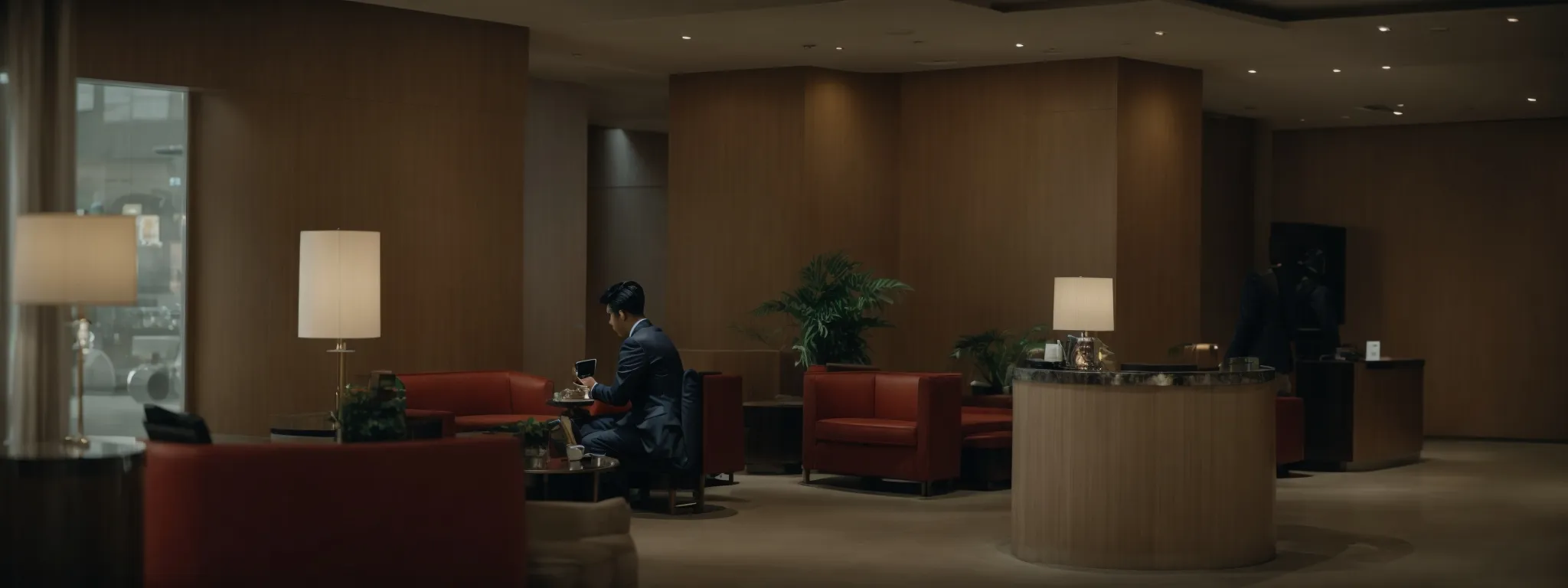 a hotel lobby with a guest using a digital device, illustrating the intersection of hospitality and technology.