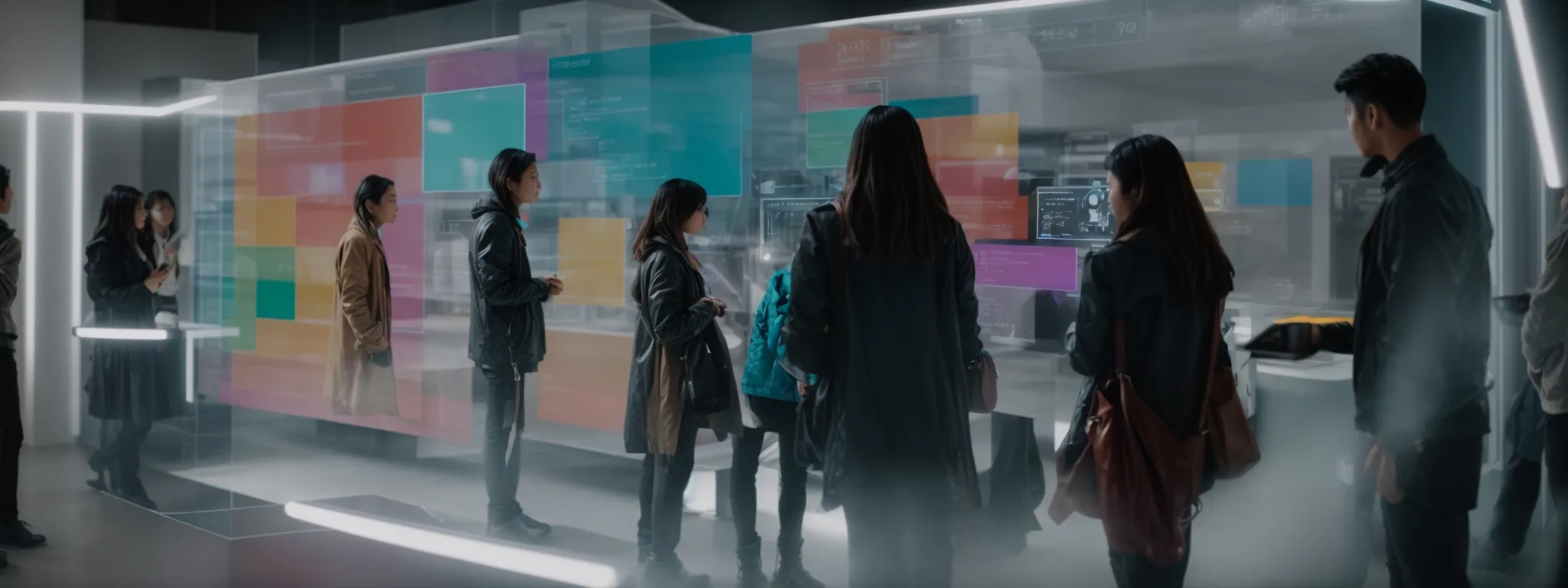 a diverse group of people interacting with a large touchscreen interface in a brightly lit modern space.