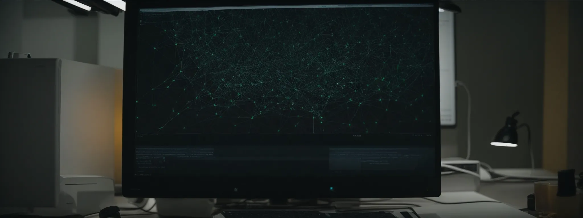 a webmaster sitting at a desk, intently analyzing a computer screen displaying a complex network of interconnected web nodes.