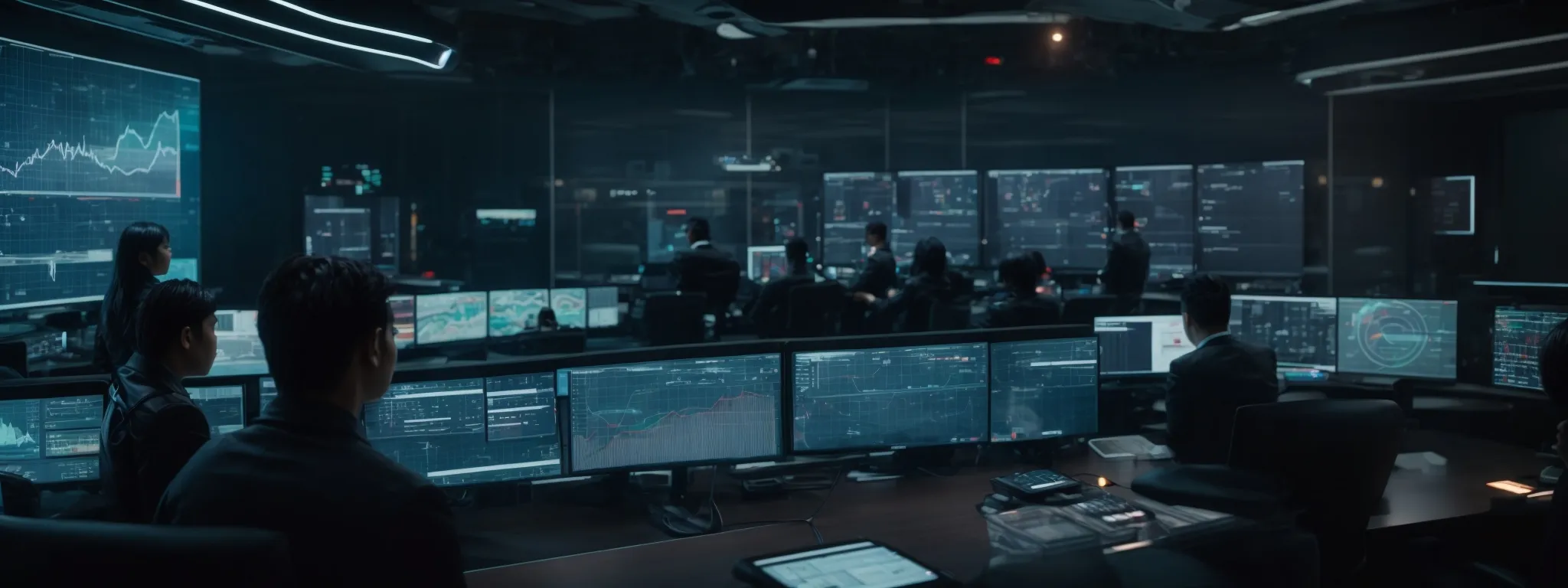 a futuristic control room with large screens displaying graphs and ai analytics, while a team strategizes over a digital interface.