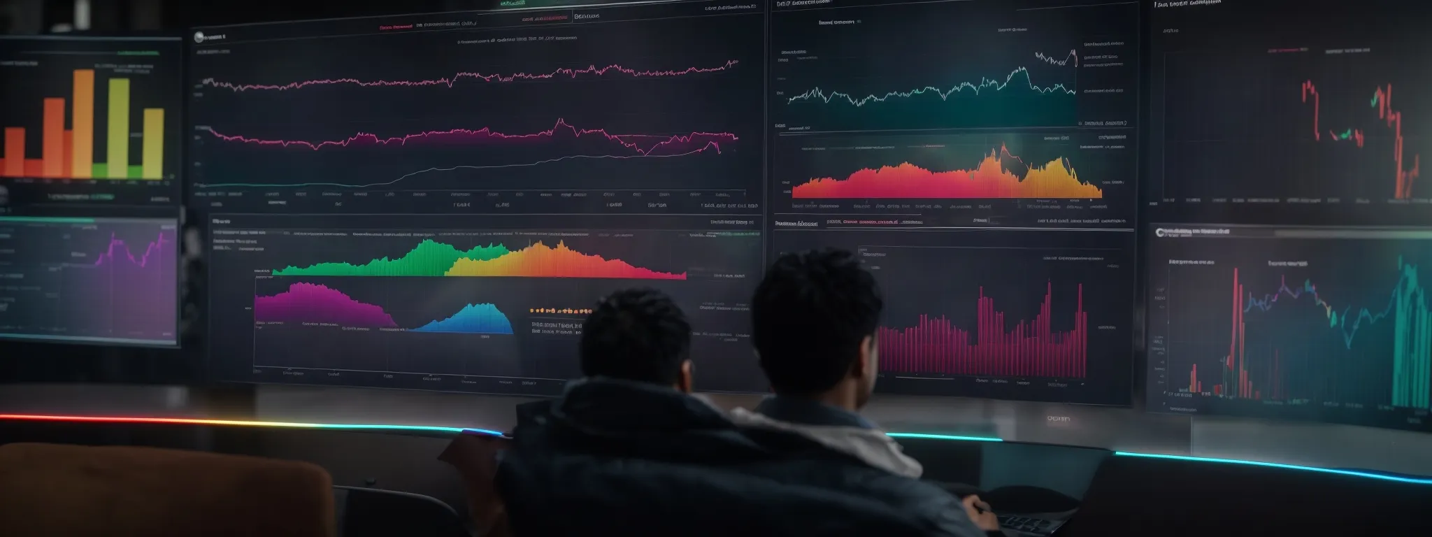 a marketer analyzes a colorful dashboard displaying graphs that represent various customer interaction channels leading up to phone inquiries.