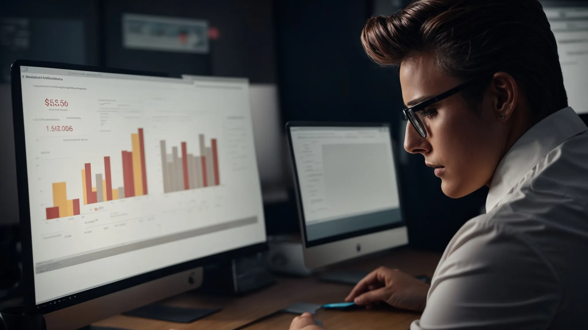 a marketer analyzes a graph showing increased sales on a computer screen after implementing new strategies.