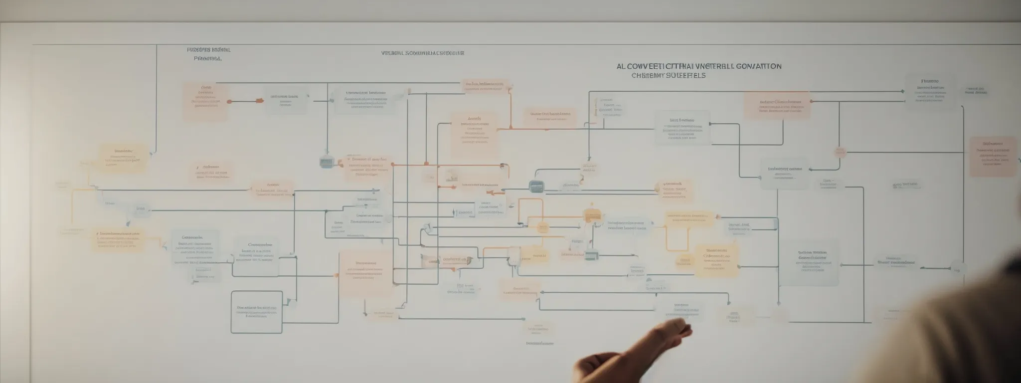 a marketer points at a flowchart representing different channels leading to a conversion goal.