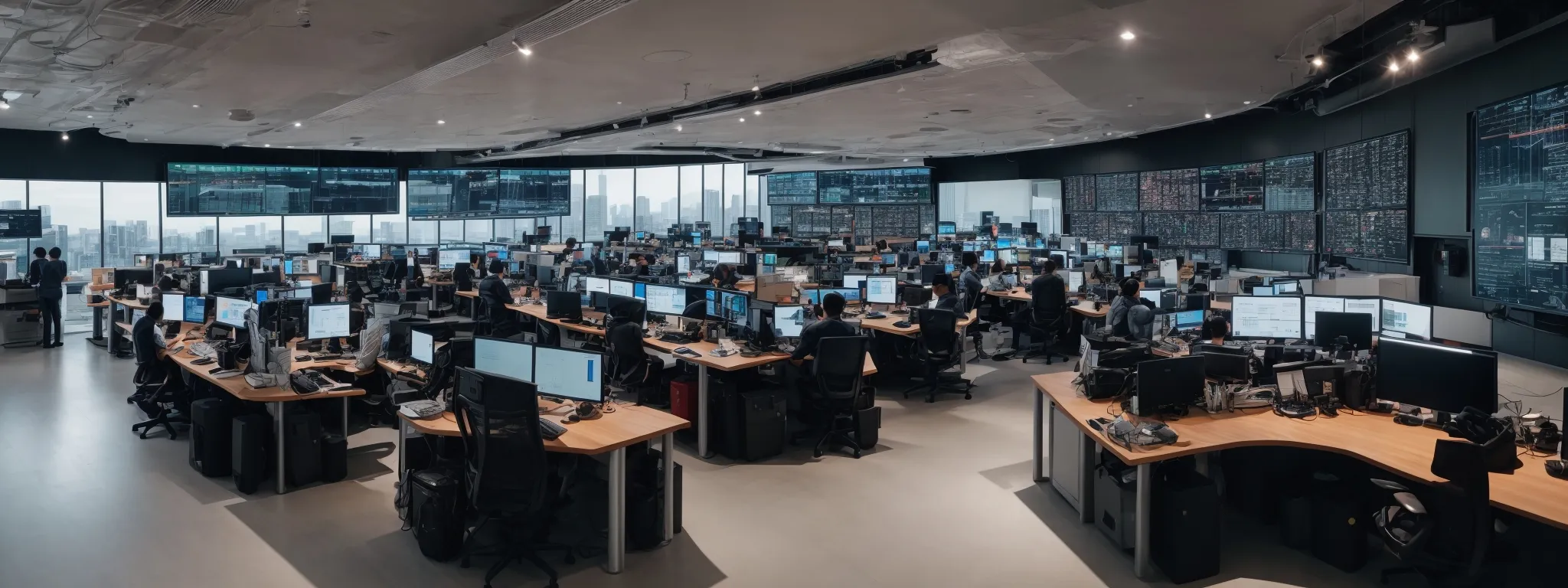 Large control room with many desks, each equipped with multiple monitors and staff working, displaying various data and city skyline visible through the windows.