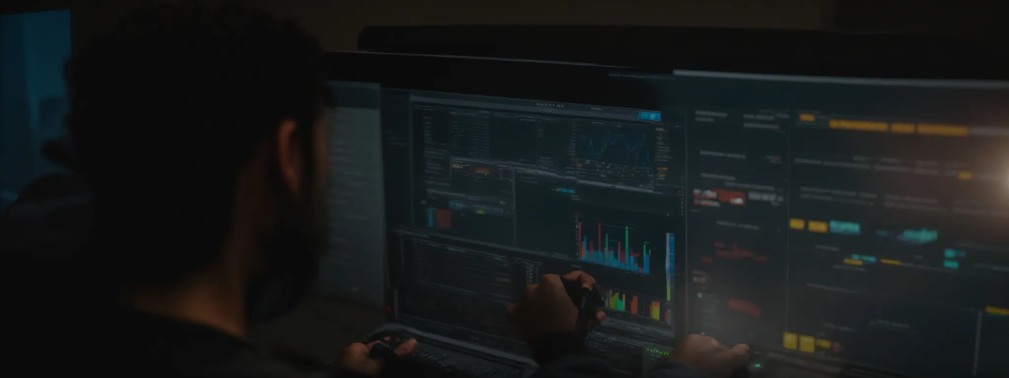 a garage door installer consulting a digital analytics dashboard on a laptop.