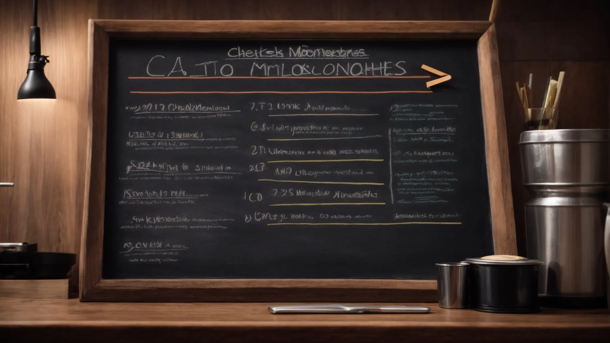 a chalkboard with a checklist depicting key seo milestones and a rising graph to represent growth.