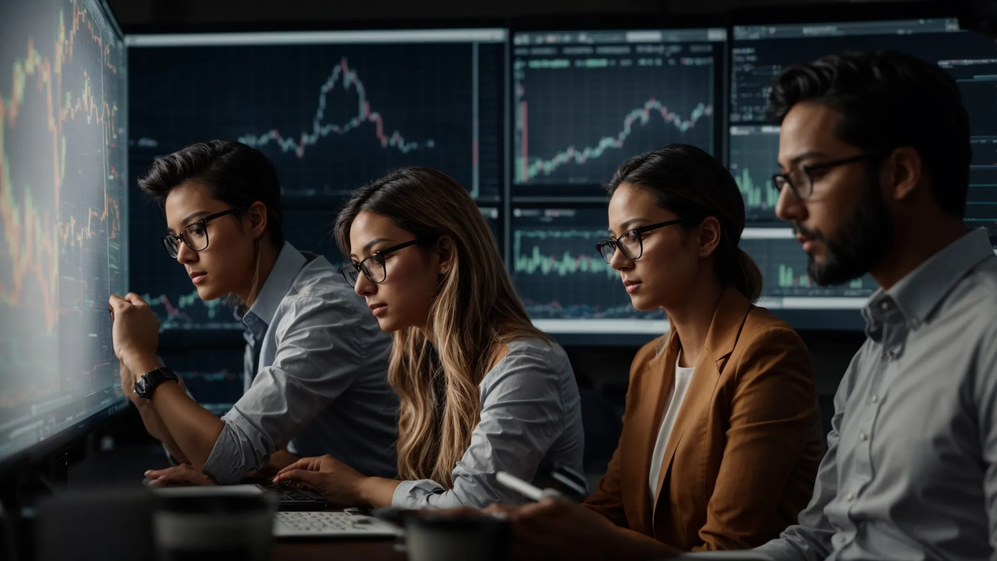 a group of marketing professionals analyzing graphs on a digital screen to enhance their online strategy.