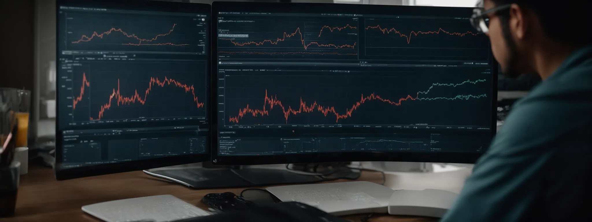 a person analyzing charts and graphs on a computer screen, reflecting website analytics.