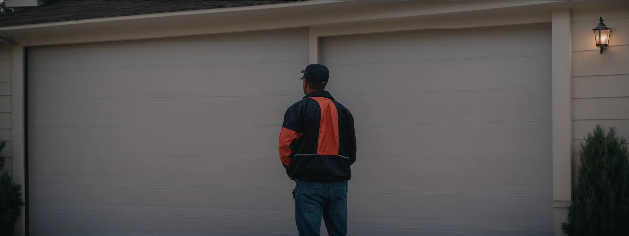 a garage door technician discusses strategies with a homeowner beside a sleek, modern garage door.