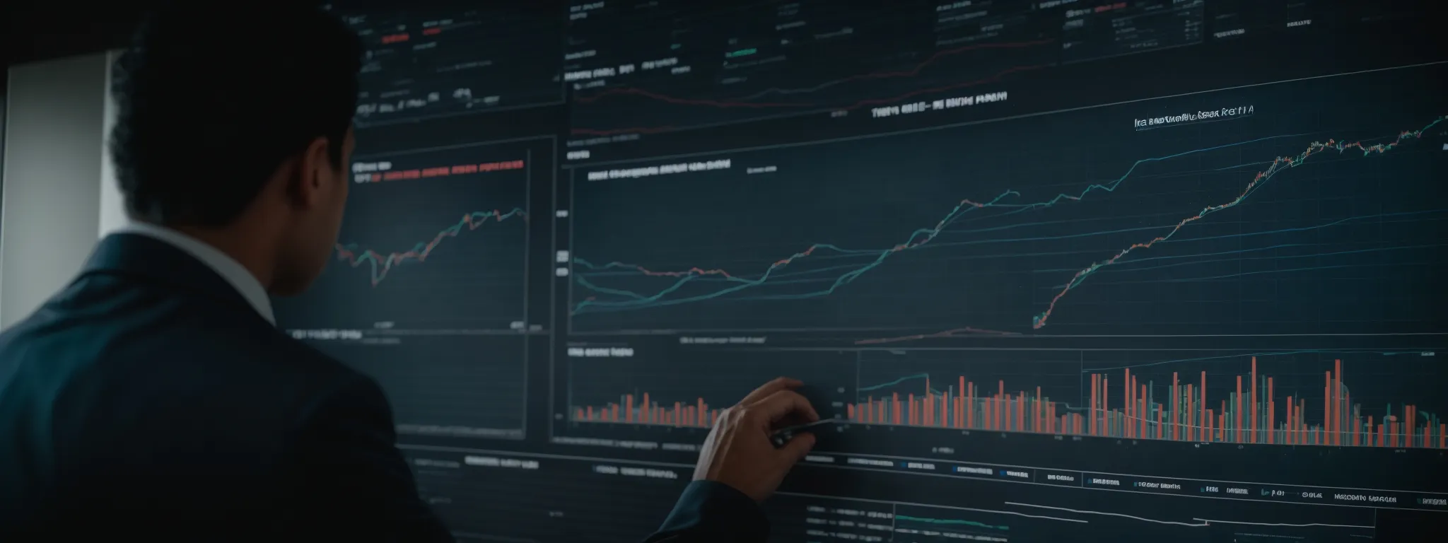 A person in a suit analyzes financial charts and graphs displayed on large screens, showing stock market trends and data.