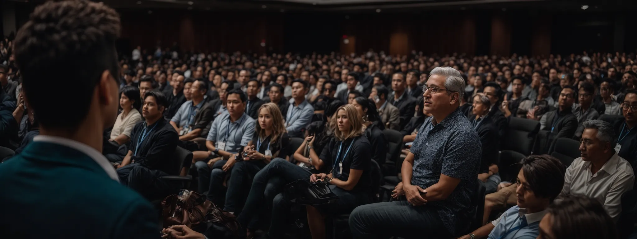 john mueller stands before an attentive crowd at an seo conference, sharing insights and nurturing the industry's growth.