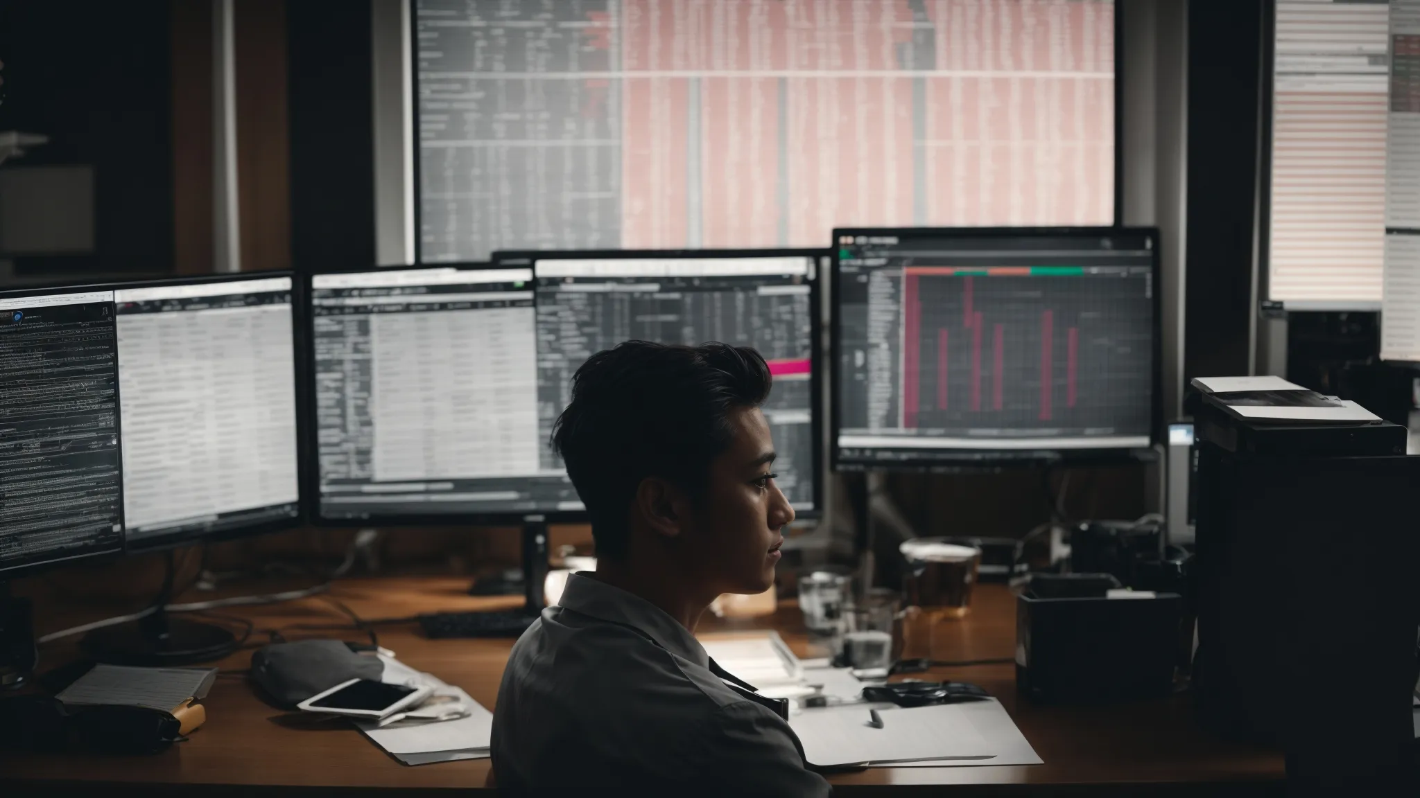 a person sitting in front of a computer screen with complex excel spreadsheets displayed, analyzing charts and data.