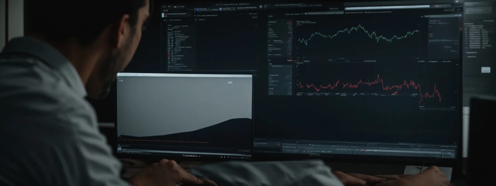 a marketer reviews data on a computer screen, illustrating search trends and keyword analysis.