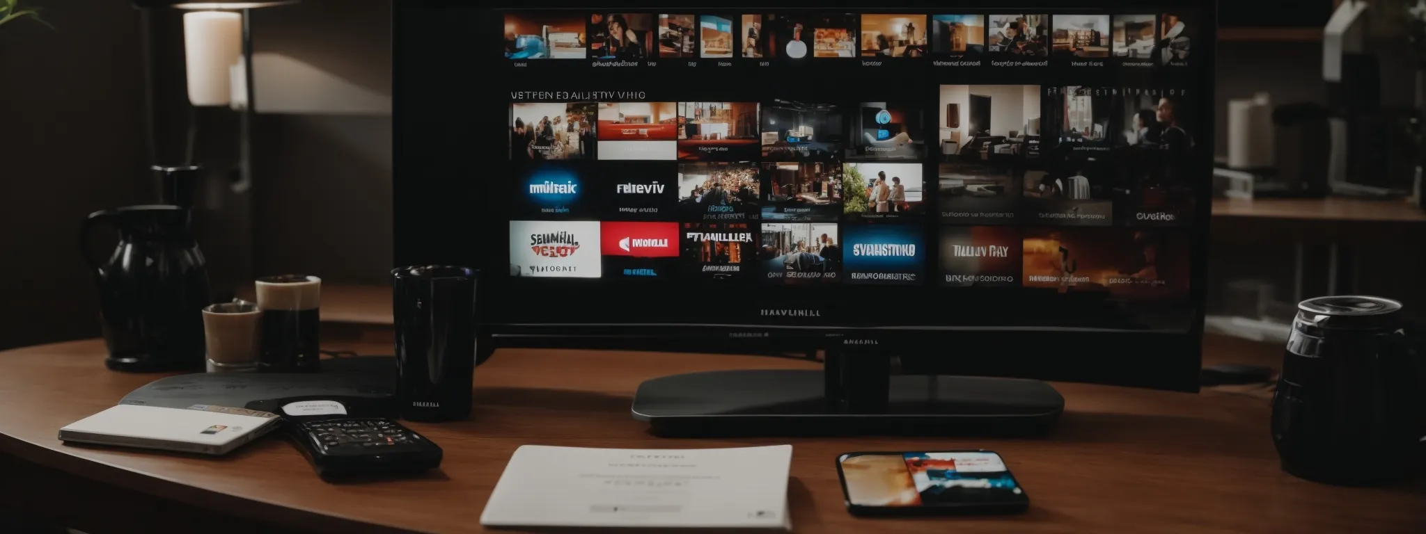 a flatlay scene featuring a smart tv amidst marketing analysis reports and a cup of coffee, symbolizing the integration of streaming services with seo strategies.