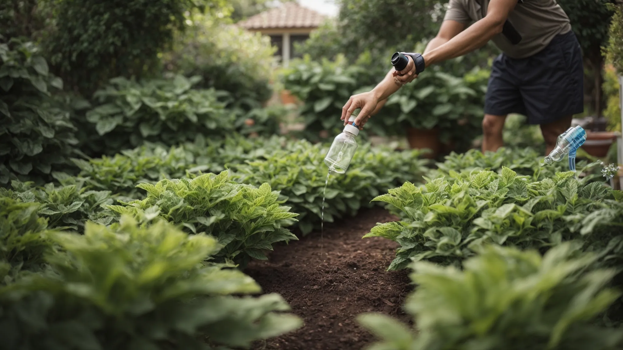 a gardener naturally repels pests using a spray bottle filled with a homemade organic solution in a lush, green garden.