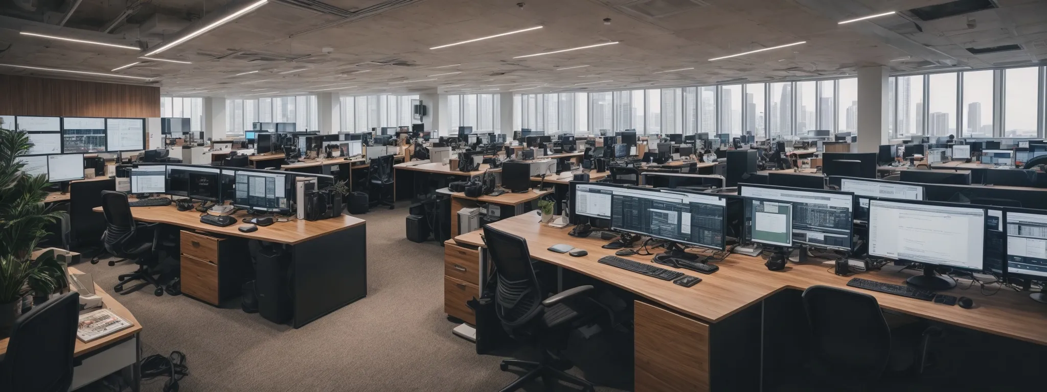 a wide-angle view of a bustling digital marketing office with multiple computer screens displaying analytics and seo software dashboards.