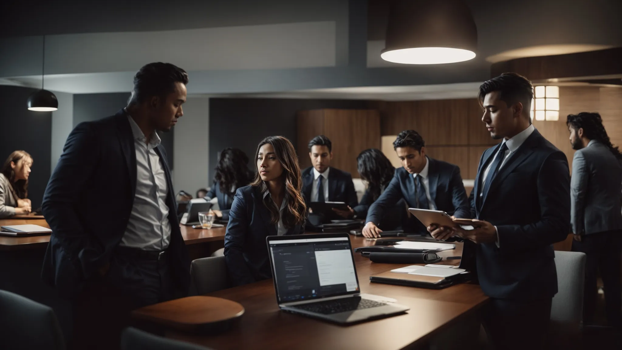 a professional team gathers around a conference table with laptops and digital tablets, strategizing their next digital marketing move.