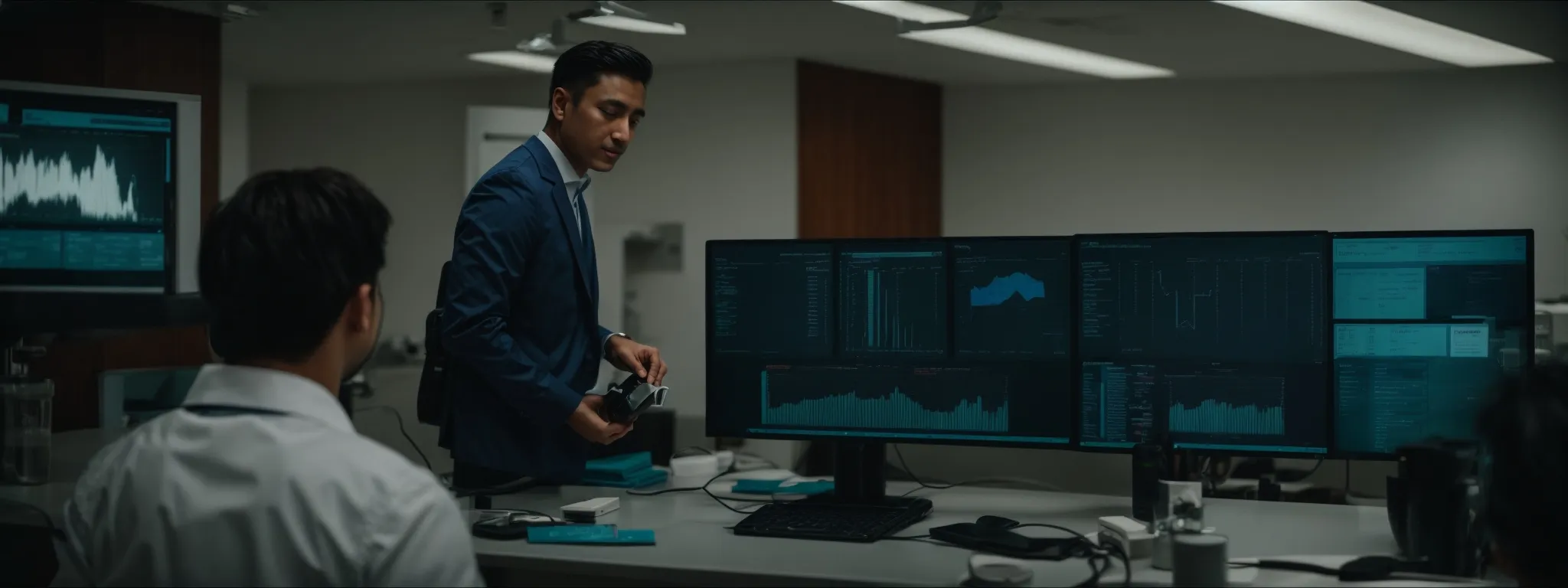 Two men in an office review data on multiple large monitors displaying graphs and charts related to SEO for Dentists; one is seated while the other stands holding a device.