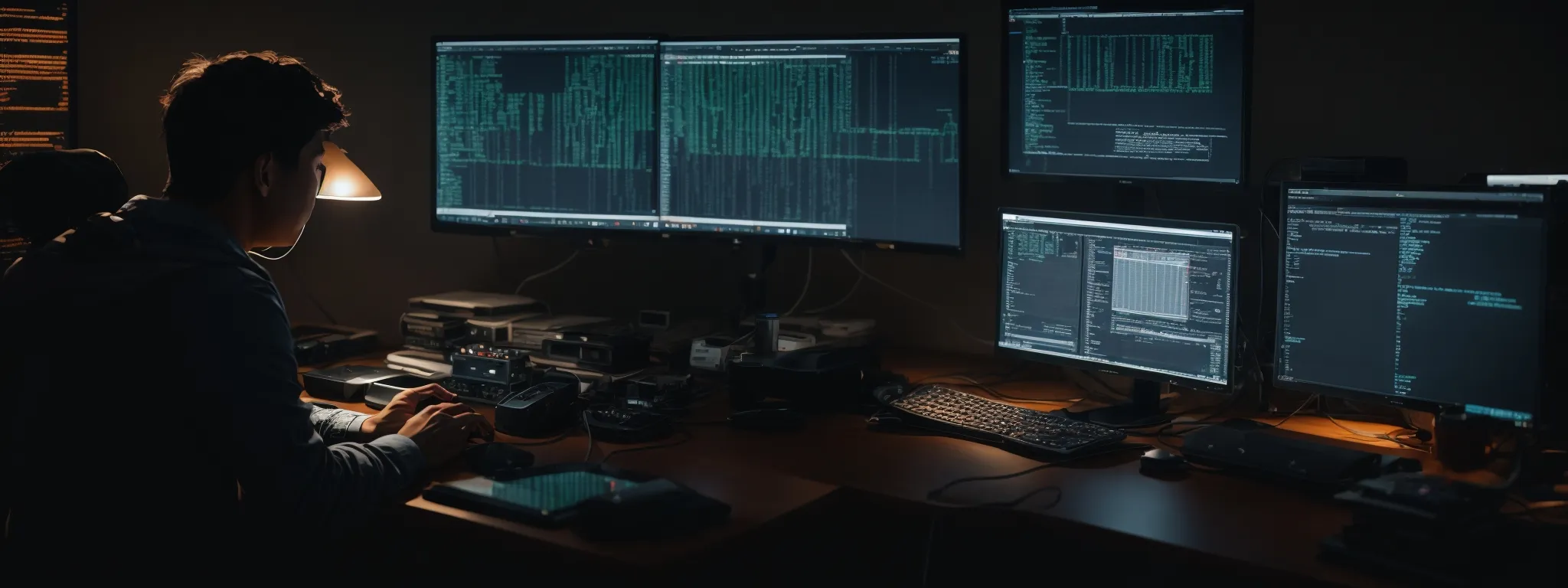 a web developer intently analyzes code on multiple computer screens in a dimly lit office, navigating the complexities of website optimization.