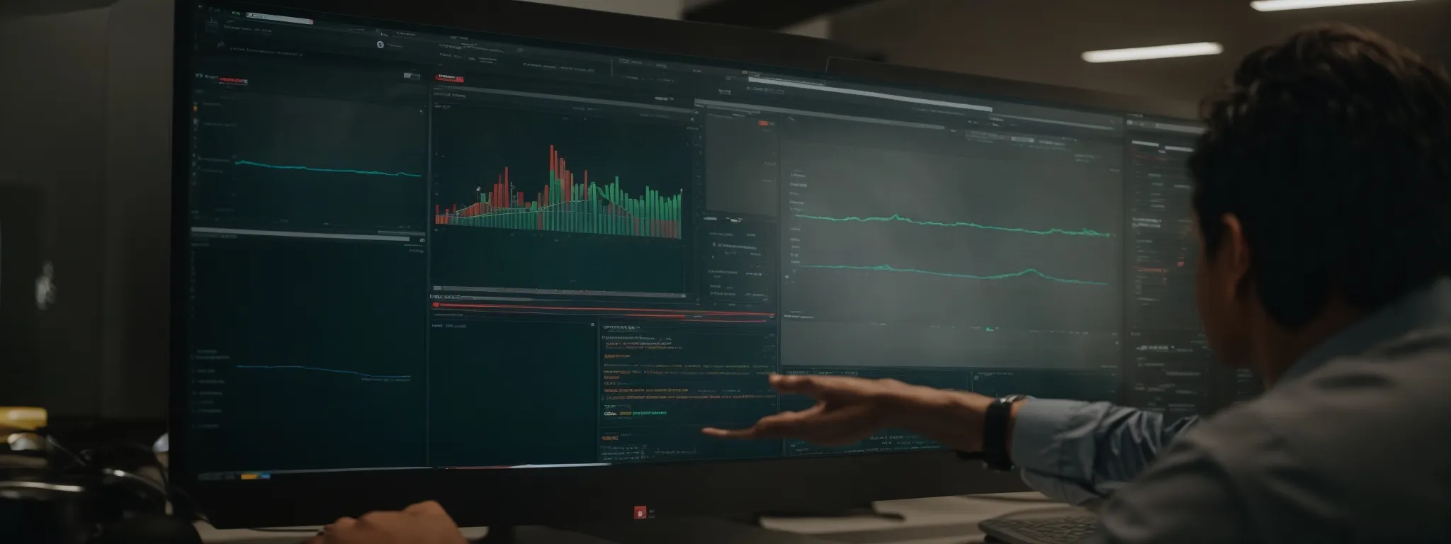 A person points at a large widescreen monitor displaying charts, graphs, and data analytics interfaces in a dark office setting.