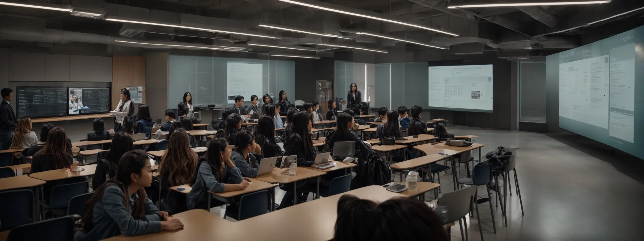 a modern classroom with students interacting with digital screens displaying marketing analytics.