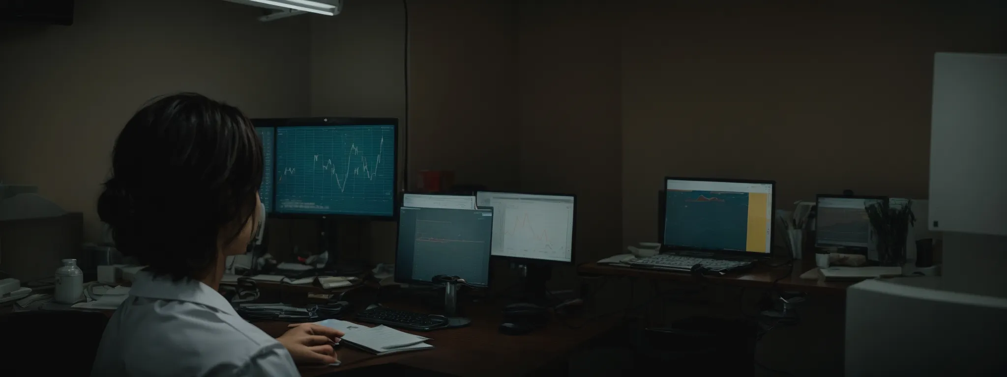 a veterinarian analyzing data charts on a computer screen in a clinic office.