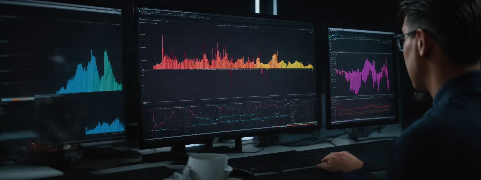 a person analyzing colorful graphs and charts on a computer screen to optimize a website's seo strategy.